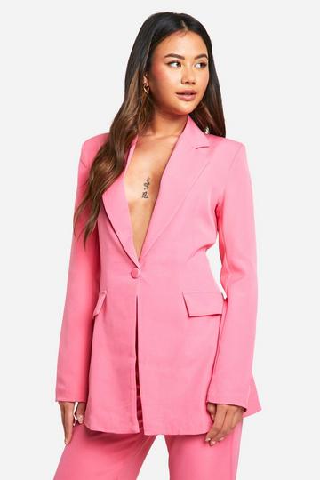Pink Plunge Front Single Button Fitted Blazer