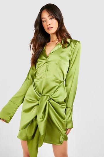 Olive Green Tall Satin Collared Tie Front Shirt Dress