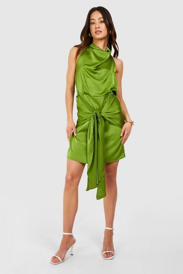 Olive Green Tall Satin Halterneck Wrap Mini Dress