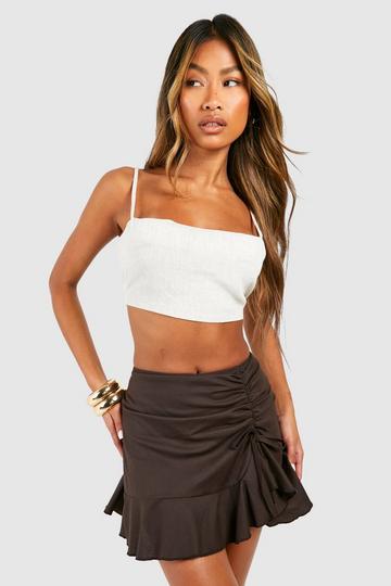 Linen Ruched Frill Mini Skirt chocolate