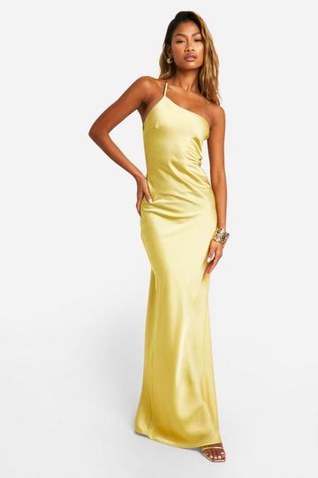 Lemon Yellow Satin Asymmetric Strap Maxi Dress