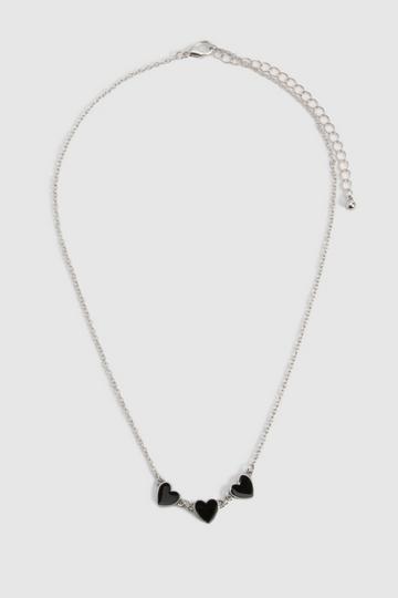 Silver Black Enamel Triple Heart Detail Necklace silver