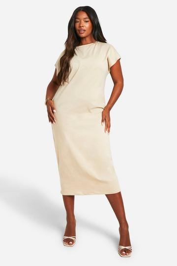 Stone Beige Plus Cotton Elastane Cap Sleeve Midaxi T-shirt Dress