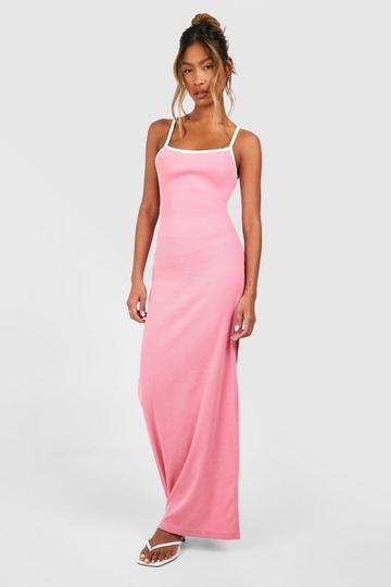 Fuchsia Pink Contrast Binding Scoop Neck Maxi Dress