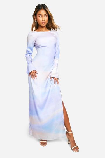 Satin Flare Sleeve Open Back Printed Maxi Dress lilac
