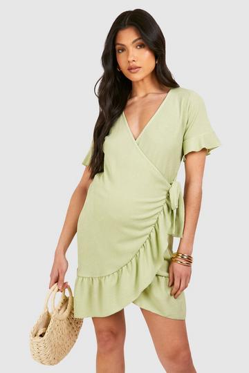 Sage Green Maternity Textured Wrap Frill Mini Dress