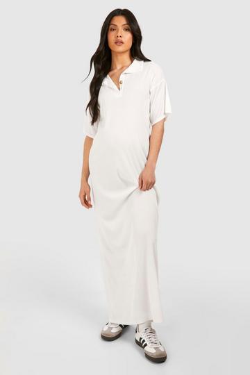 Cream White Maternity Ribbed Collared Maxi T-shirt Dress