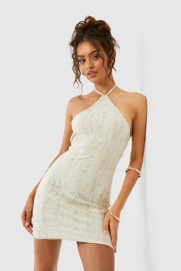 Cream White Ladder Knit Halter Mini Dress