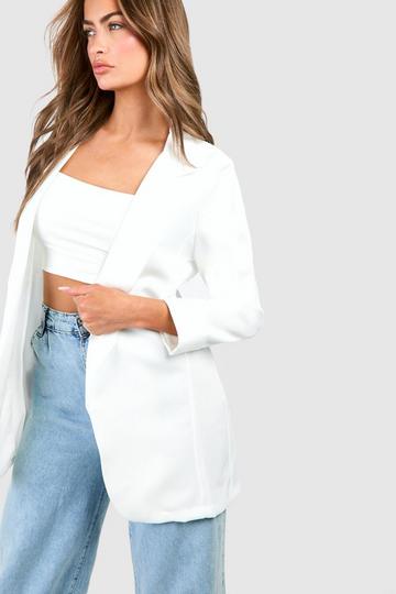 Ivory White Basic Woven Turn Cuff Relaxed Fit Blazer