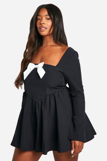 Plus Woven Contrast Bow Long Sleeve Floaty Playsuit black