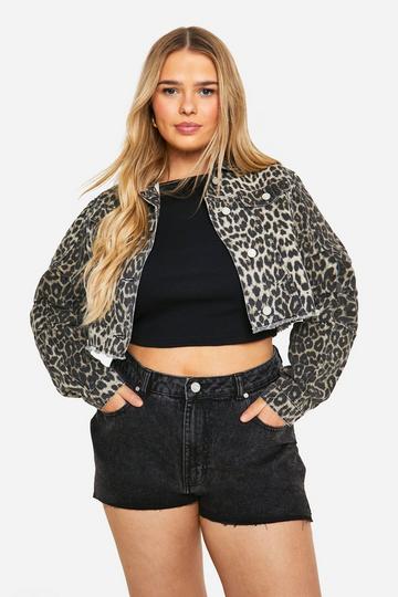 Plus Cropped Oversized Leopard Denim Jacket leopard