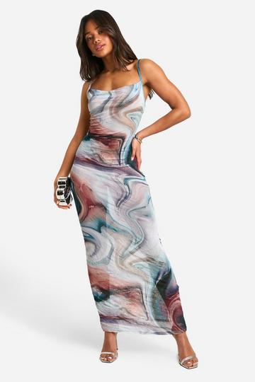 Marble Cowl Neck Crinkle Maxi Dress blue