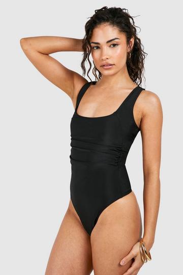 Petite Tummy Control Ruched Scoop Swimsuit black