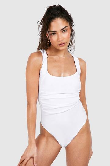 Petite Tummy Control Ruched Scoop Swimsuit ivory