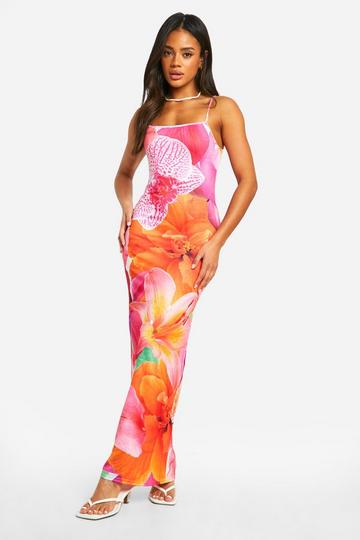 Pink Floral Print Strappy Maxi Dress