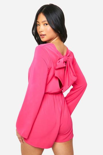Pink Petite Bow Detail Open Back Playsuit