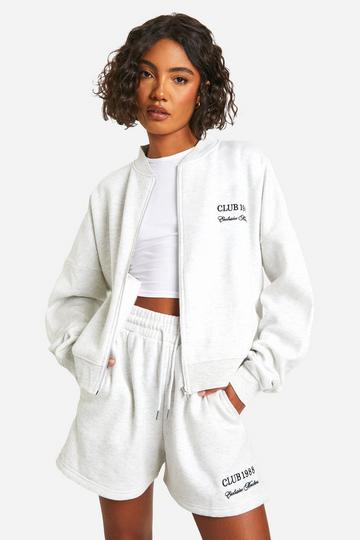 Grey Tall Embroidered Bomber Zip Up Short Tracksuit