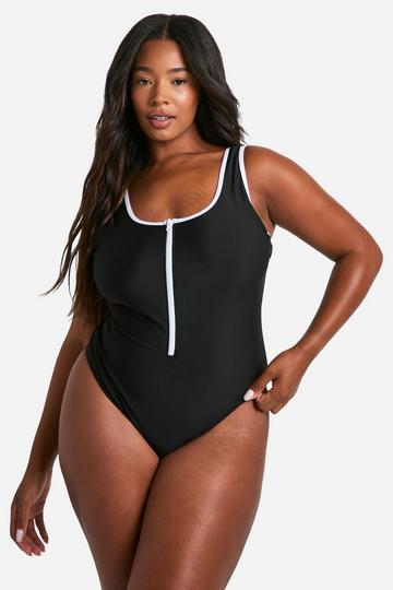 Plus Contrast Zip Front Swimsuit black