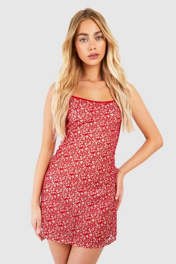 Embroidered Mesh Strappy Mini Dress red