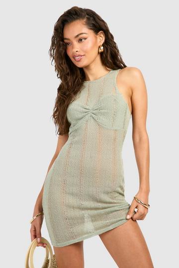 Sage Green Texture Ruched Racer Neck Mini Dress