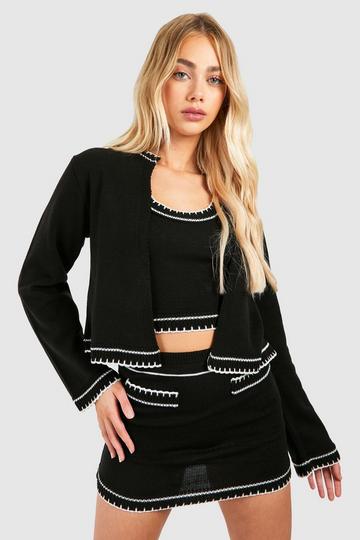 Contrast Stitch 3 Piece Knitted Cardigan, Crop Top And Mini Skirt Set black