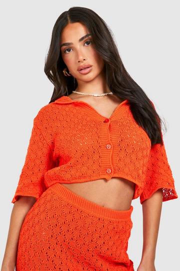 Petite Knitted Pointelle Cropped Shirt orange