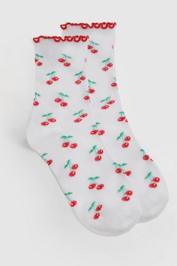 White Cherry Printed Socks