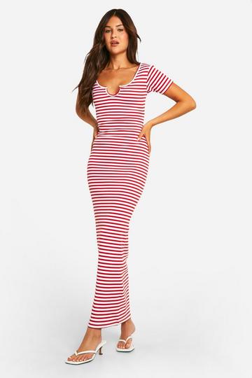 Basic Stripe Rib Notch Maxi Dress red