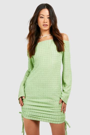 Sage Green Tall Crinkle Ruched Bardot Mini Dress