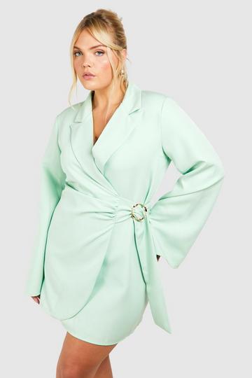 Sage Green Plus Buckle Detail Tie Waist Tailored Blazer Dress