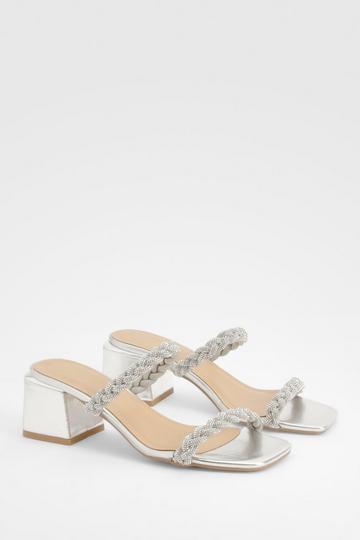 Embellished Strap Low Block Heeled Mules silver