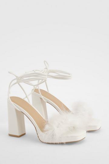 White Feather Strap Wrap Up Block Heels