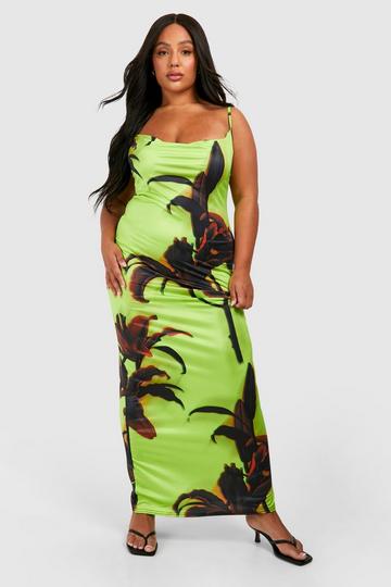 Plus Large Scale Floral Slinky Cowl Neck Maxi Dress lime