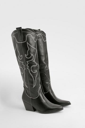 Stitch Detail Over The Knee Western Boots black