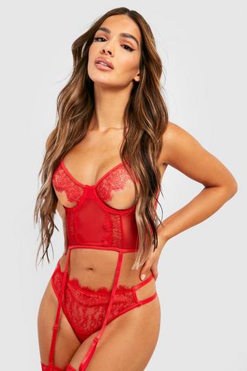 Red Valentines Peep Suspender Basque and Thong Set
