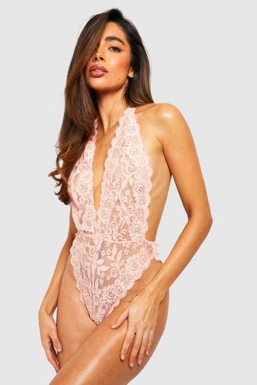 Plunge Ribbon Tie Halter Bodysuit blush