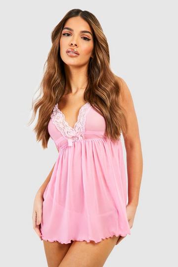 Mesh and Lace Babydoll and String Set hot pink