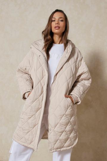 Cream White Oversized Quilted Hooded Coat