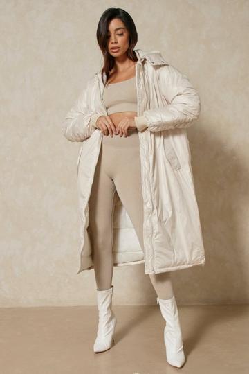 Ruched Longline Hooded Puffer ivory