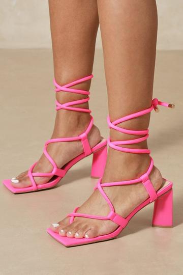 Pink Fabric Square Toe Tie Up Mid Heels