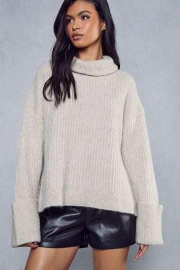 Oversized Cuffed Fluffy Knit Jumper stone