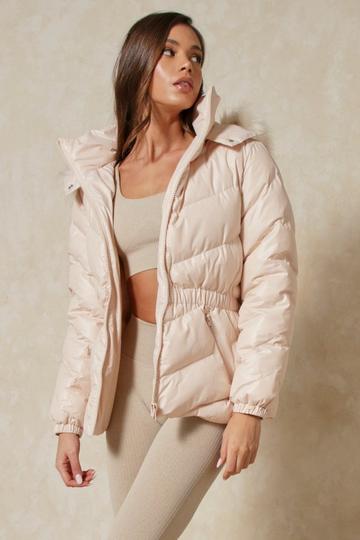 Gathered Waist Faux Fur Hooded Puffer Coat nude