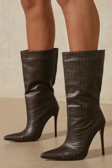 Brown Misspap Monogram Knee High Boots