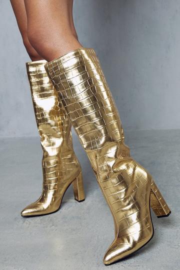 Metallic Croc Knee High Boots gold
