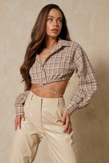 Oversized Linen Look Checked Tie Shirt nude