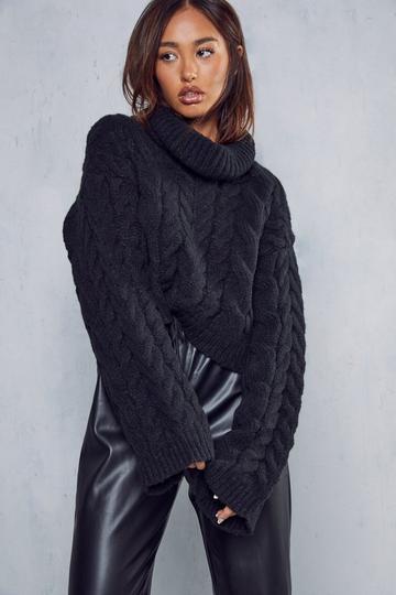 Black Cropped Cable Knit Roll Neck Jumper