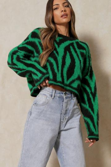 Zebra Fluffy Knit Oversized Jumper green