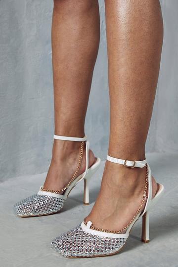 White Diamante Net Detail High Heels