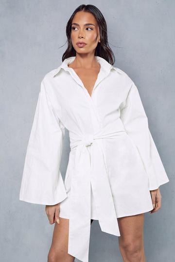 White Kimono Sleeve Oversized Belted Shirt Dress