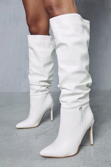 Black Leather Look Knee High Pointed Heeled Boot